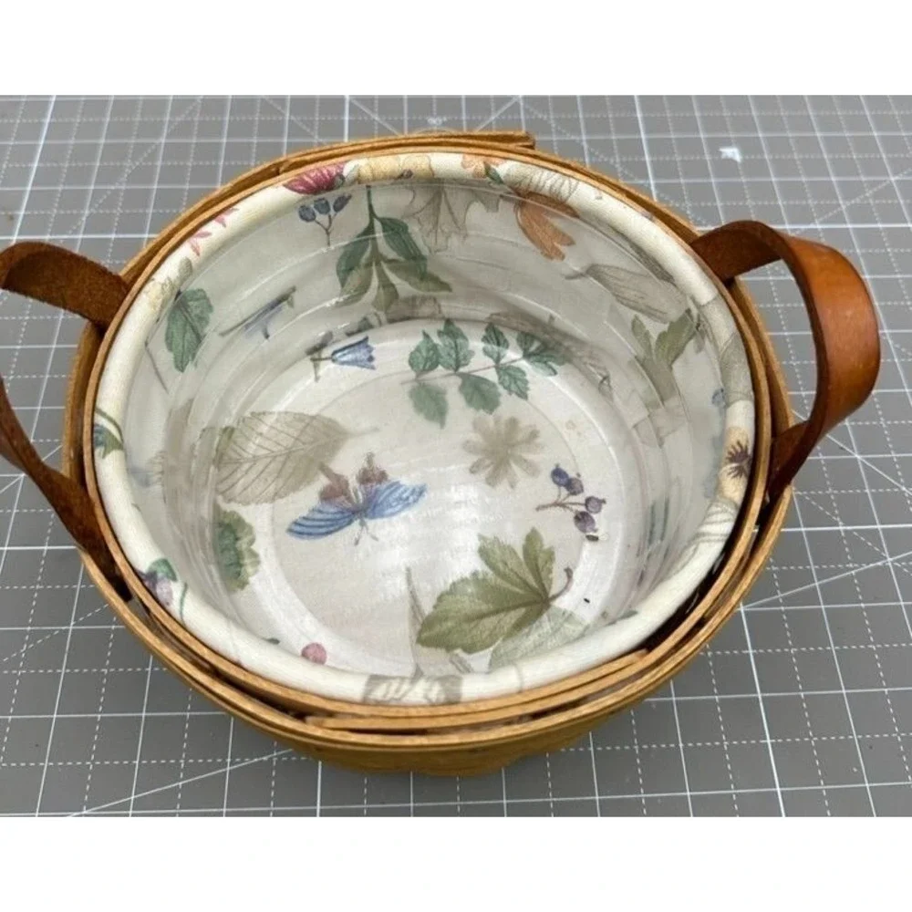 1995 Longaberger Round Basket Leather Handles Butterfly Leaves Inserts